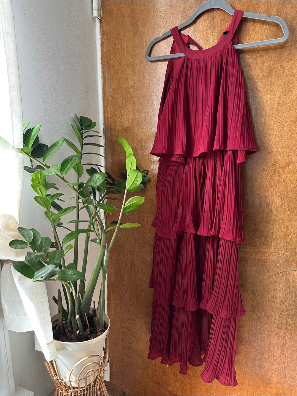 Tiered Pleated Burgundy Halter Dress